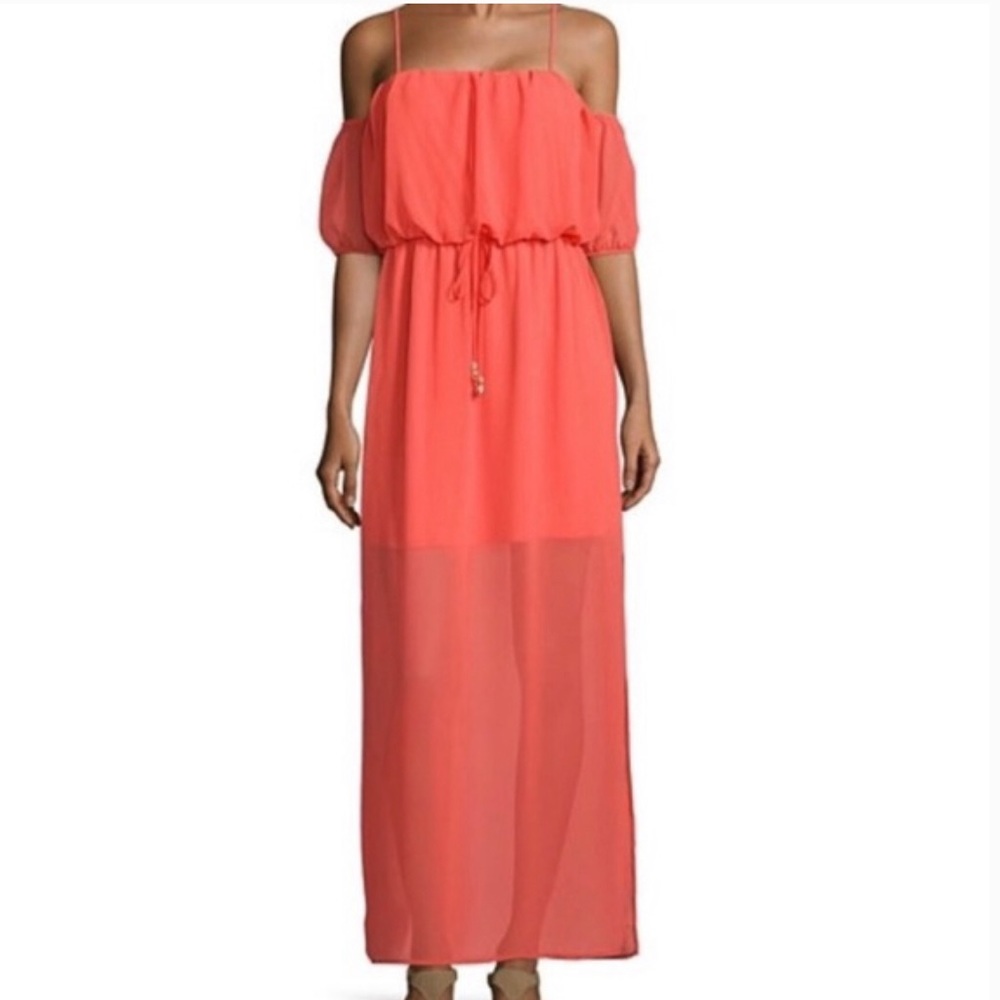 City Triangles Small Boho Orange Coral Off Shoulder Maxi Dress